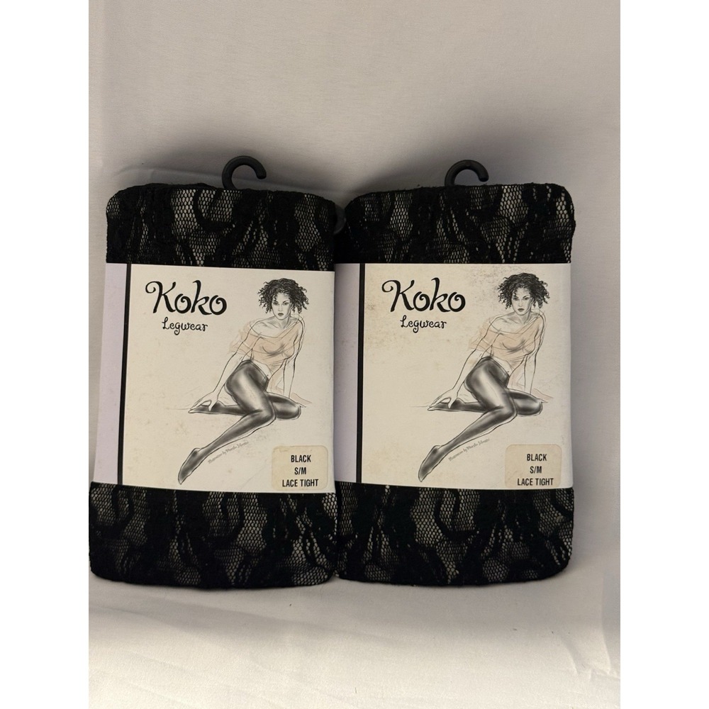 Lot Of 2 Koko Legwear Lace Tights Black Size S/M Floral Pattern NIP